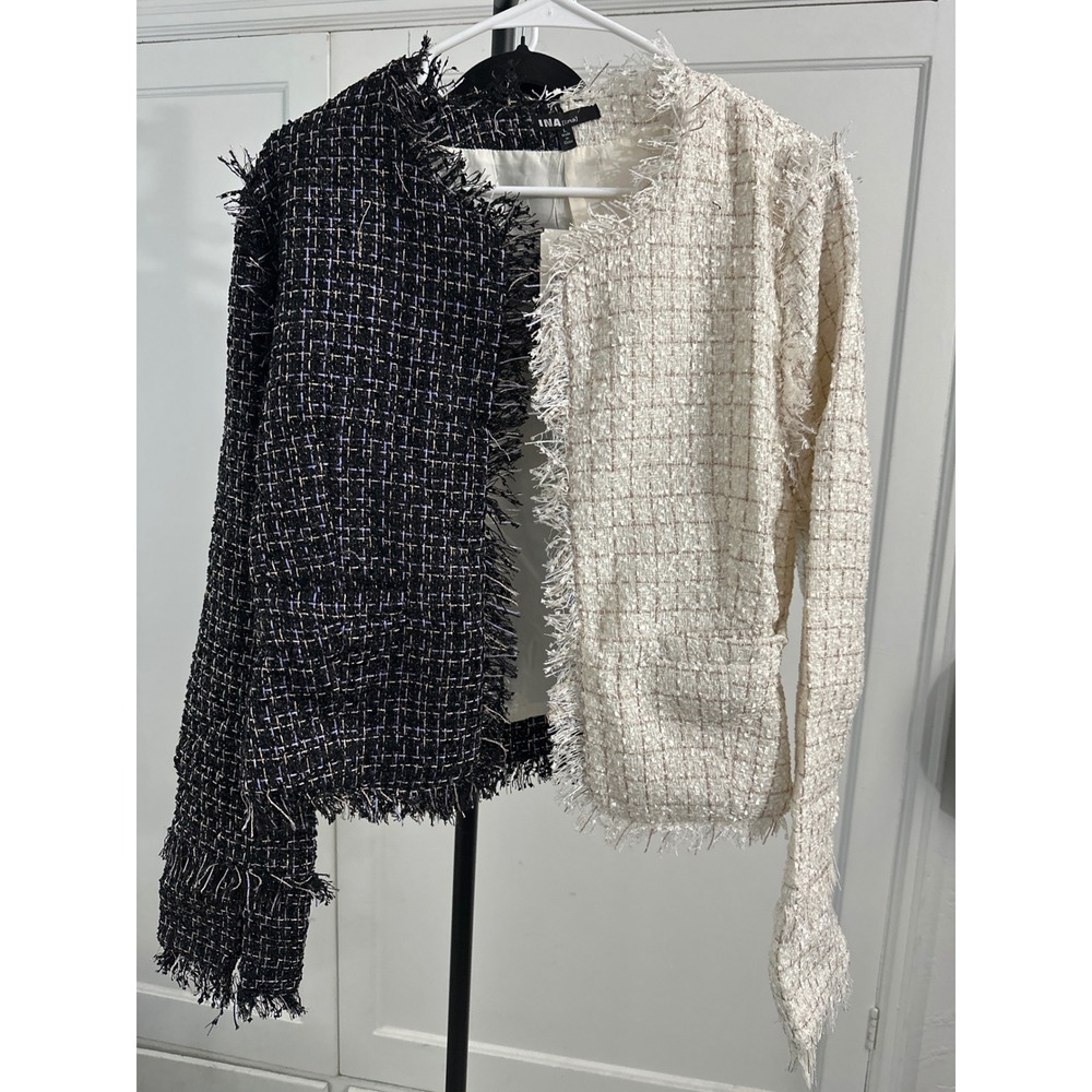 INA Contrast Tweed Fringe Jacket Black White Metallic‎ Women's Size L
